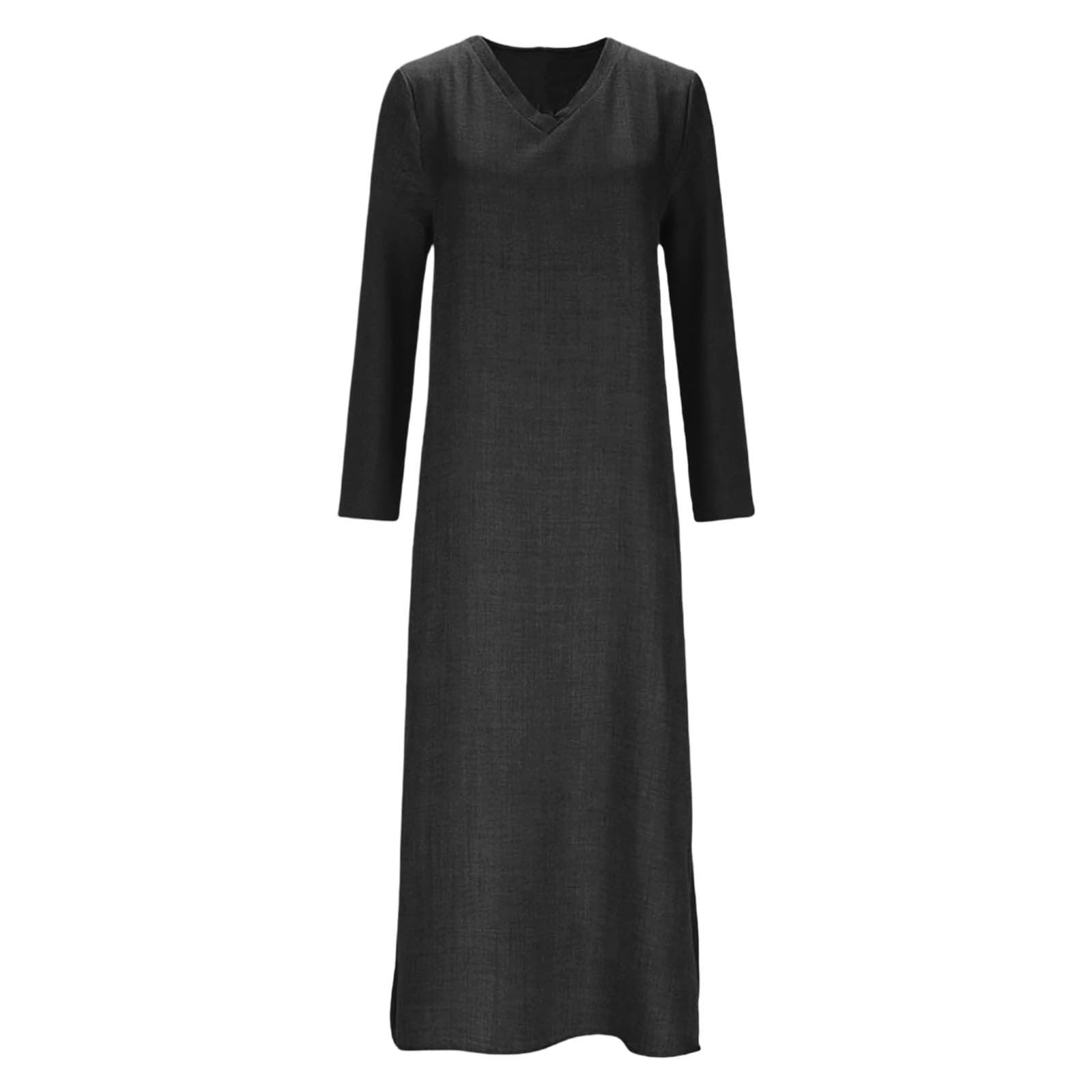 LIIPEE Women Dresses Solid Color Loose Long Sleeve V Neck A-Line Midi Sundress Woman Casual Climbing Hiking Camping Cycling Dress,Black,M