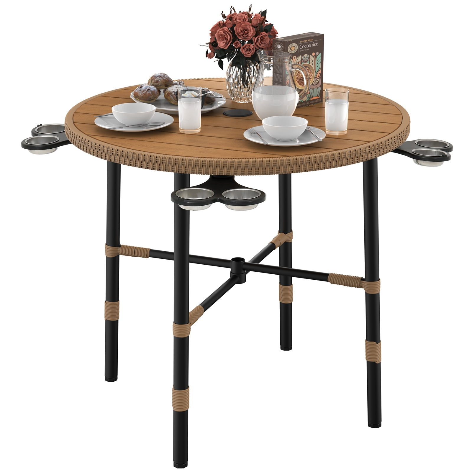 Dextrus 35.6in Outdoor Patio Table, Round Bistro Table with Umbrella Hole,Dining Table - Beige