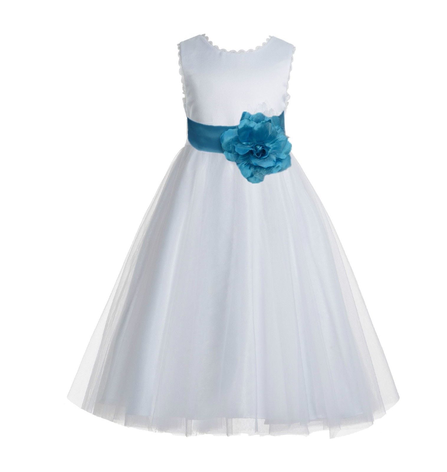 EkidsBridal V-Back Lace Edge White Flower Girl Dresses Silver Baptism Dress Birthday Girl Dress Ball Gown Communion Dresses 183T