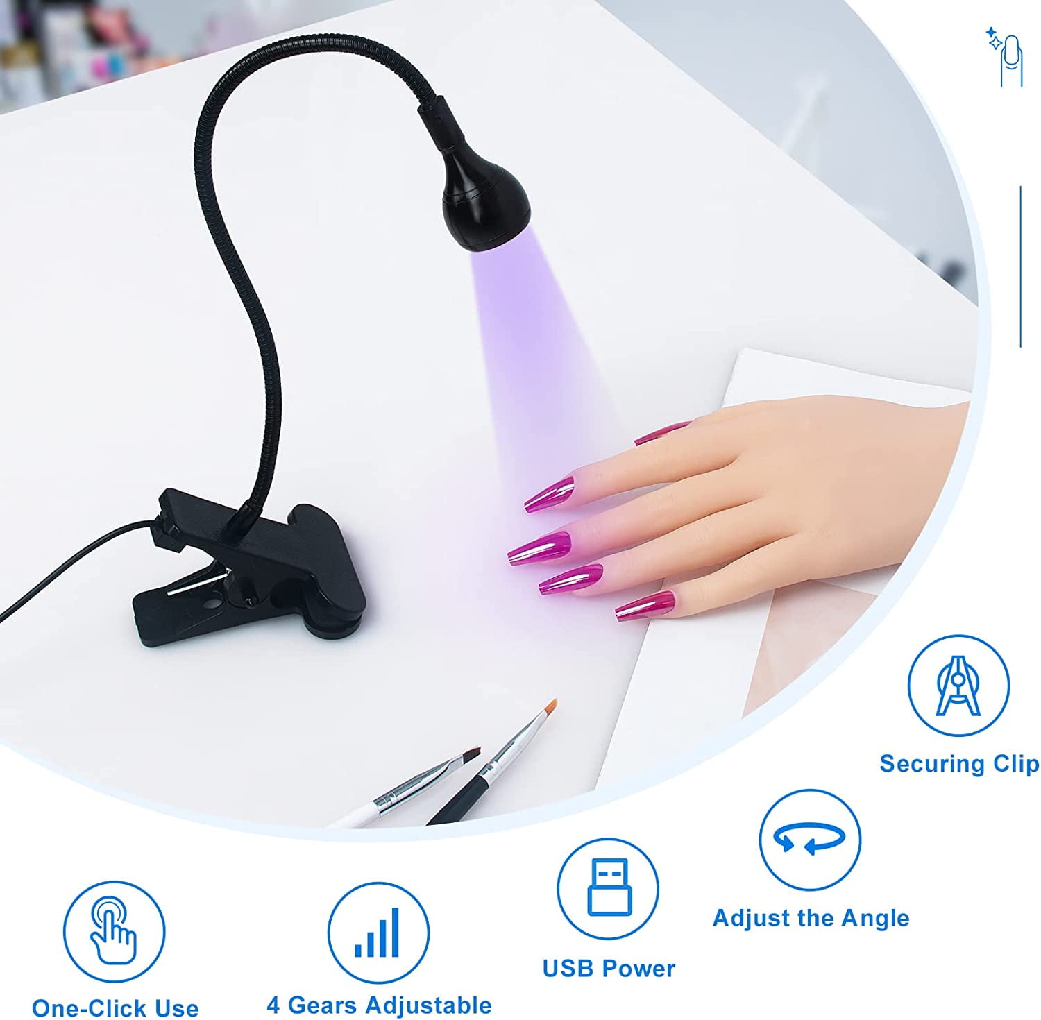 KOMI Nail Lamp with UV Protection Gloves,3W LED Nail Manicure Dryer 35NM Curing Light with Black Gooseneck and Clamp for Gel Nails