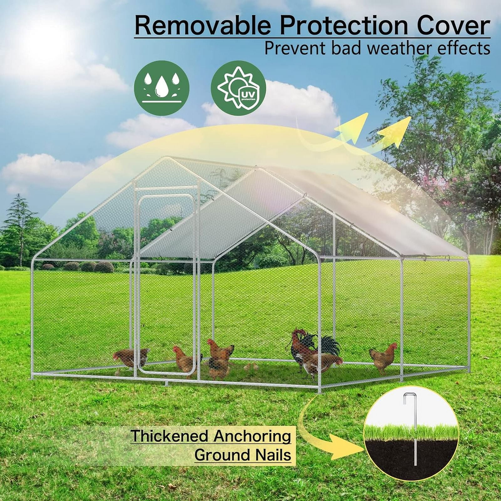 Walnest 10'x10' Large Metal Chicken Coop Walk-in Poultry Cage with Waterproof&Anti-UV Cover, Galvanized Steel Spire Top Coops with Door for Outdoor Backyard Farm Use