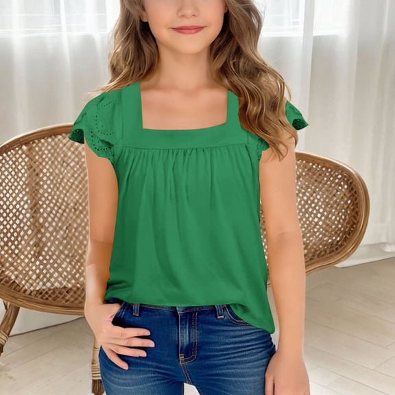 Tauxra Girls' Tees Kids' Solid Color Casual Square Neck Tops with Eyelet Ruffled Sleeve Girls Short Sleeve T-Shirt with Pleated Front