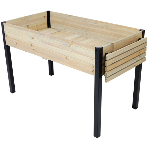 Elevated Metal Leg Wood Planter Box Black & Natural 62.5x23.6x29.5 Inches Outdoor Garden Herb Vegetable Flower Planter