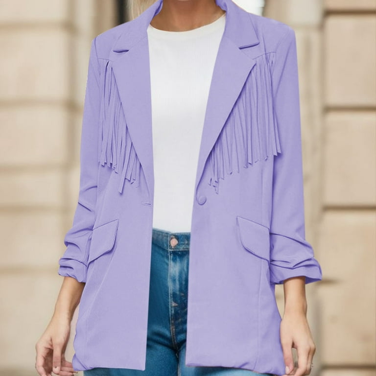 PMUYBHF Easter Female Elegant and Versatile Women's Fringed Loose Fit  Autumn/Winter Small Suit Jacket Womens Blazers for Work Casual Stretch  Purple S
