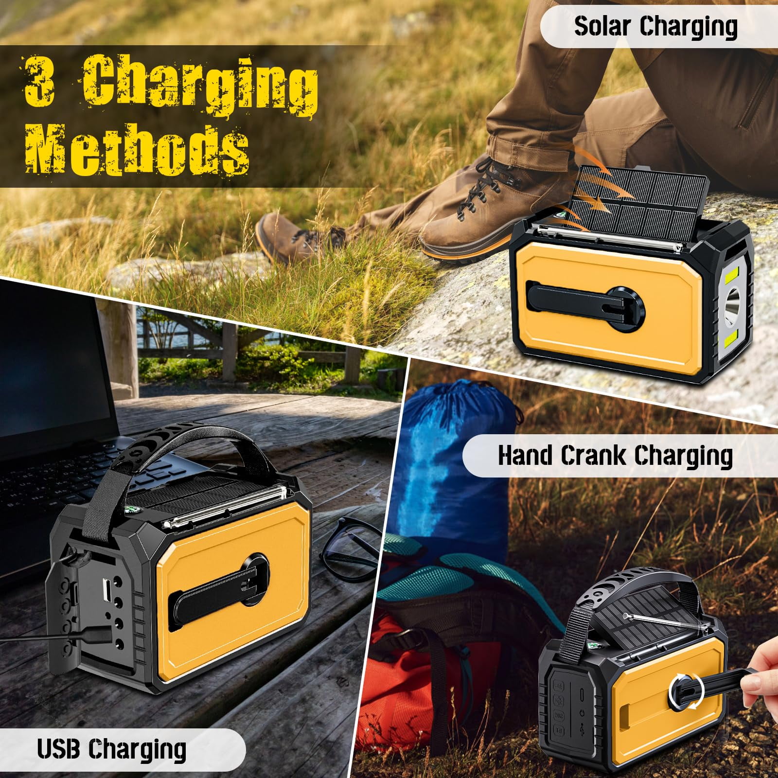 16000mAh/59200mWh Emergency Radio with Bluetooth 5.3-Hand Crank Weather Radio with Battery Powered and Fast Charging, NOAA/AM/FM Portable Solar Radio with SOS Alert Flashlight, Outdoor Survival Gear