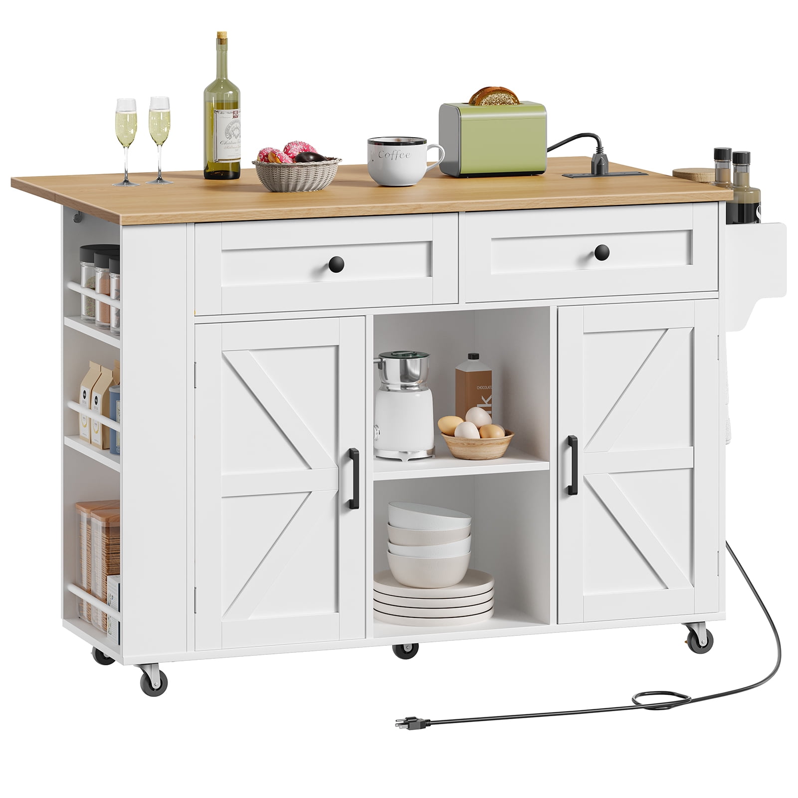 HOOBRO Rolling Kitchen Island with Drop Leaf Bar Countertop & Power Outlet, Farmhouse Island Cart with Storage, 47" Kitchen Island Cart with Side Spice Rack & 2 Drawers, White and Natural WN35UZD01