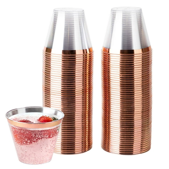 PLASTICPRO Gobelets de Fête en Plastique Jetables 9 oz, Gobelets Conçus à l'Ancienne, Transparents (Clair avec Bordure Or Rose, 100)