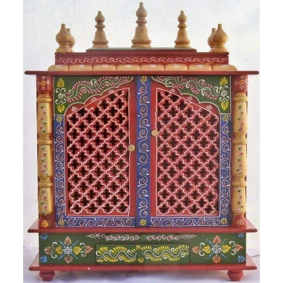 Jodhpur Handicrafts Home Wooden Temple and Pooja Mandir with LED Bulb, 18 x 12 x 24 Inch, Multicolour