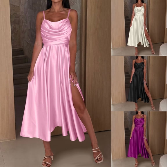 THDHVS Wedding Guest Dress,Plus Size Cocktail Dress,Women Summer Cowl Neck Sleeveless Slip Dress Pleated Detail with High Slit Black