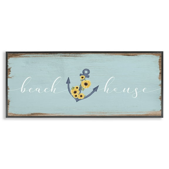 Stupell Industries Beach House with Floral Anchor Nature Painting Black Framed Art Print Wall Art, 24 x 10
