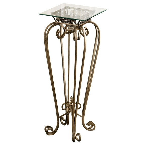 Chalcedony Metal Scroll Pedestal Table with Beveled Glass Top Antique Gold 30" High