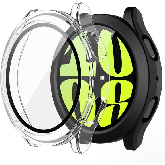 KOMI 2-Pack Hard PC Screen Protector Case with Tempered Glass, Compatible for Samsung Galaxy Watch 6 44mm, Ultra-thin Scratch Resistant Anti-slip Cover for Galaxy Watch6, Black Transparent
