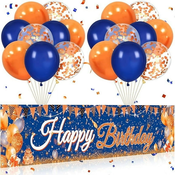 Blue and Orange Birthday Decorations Blue Orange Birthday Banner Yard Sign with 18 Pcs Balloons Banner Sign Photography Banner Decor for Boys Girls Men Women Birthday Anniversary Party Supplies Decor