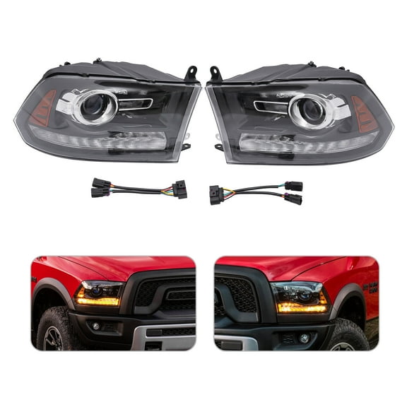 1 Pair Black Factory Projector Headlights w/ LED DRL For 2013-2018 Ram 1500 2500 3500, 2019 Ram 1500 Classic