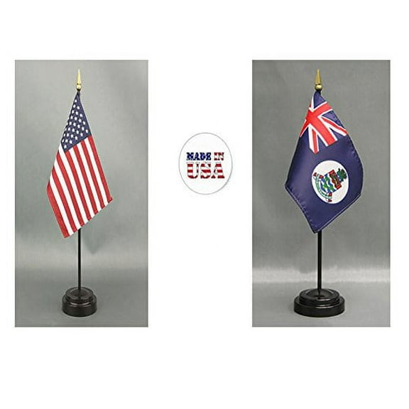 Made in The USA. 1 American and 1 Cayman Islands Rayon 4"x6" Miniature Office Desk & Little Hand Waving Table Flag, Includes 2 Flag Stands & 2 Small 4"x6" Mini Stick Flags