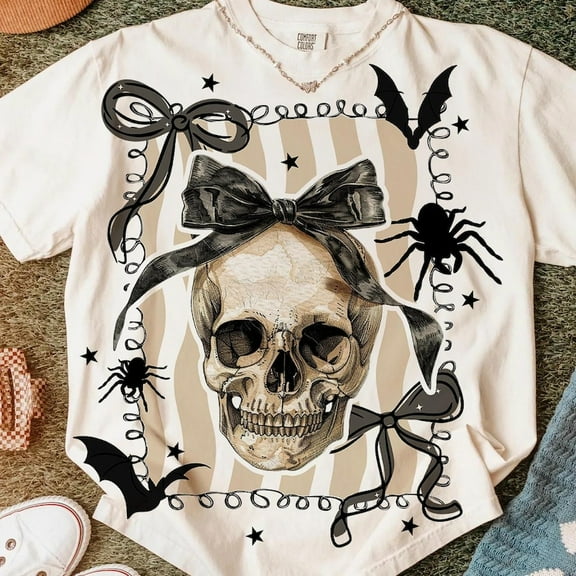 Halloween Coquette Bow Skull Shirt, Retro Halloween Shirt, Spooky Preppy Fall Shirt, Cute Halloween Shirt Design for Women & Teens