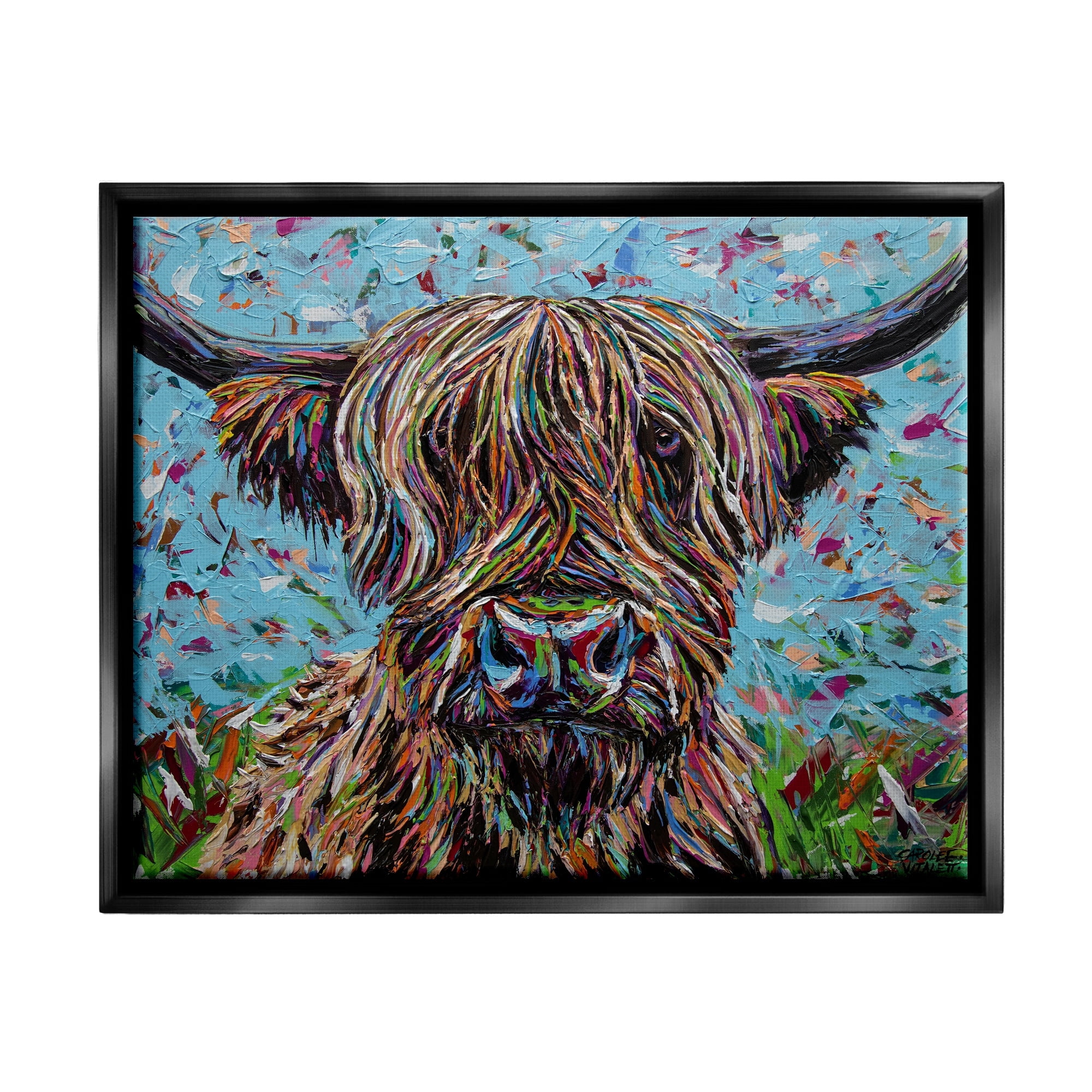 Stupell Industries Highland Cattle Cow Layered Flecked Abstract Portrait Painting Jet Black Floating Framed Canvas Print Wall Art, Design by Carolee Vitaletti