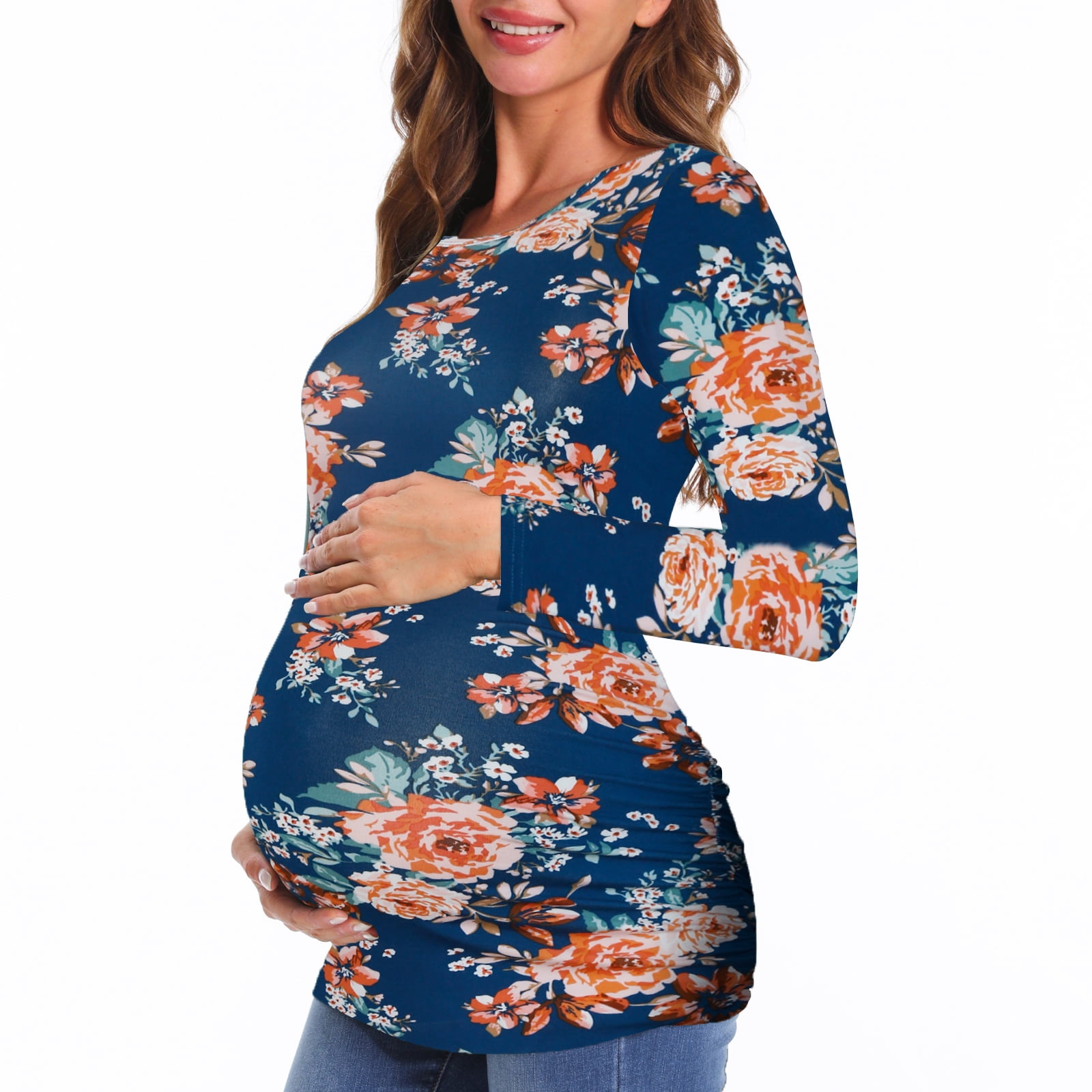 Bearsland Women's Long Sleeve Maternity Shirts Casual Tunic Side Ruched Tops Pregnancy Clothes 3-Pack
