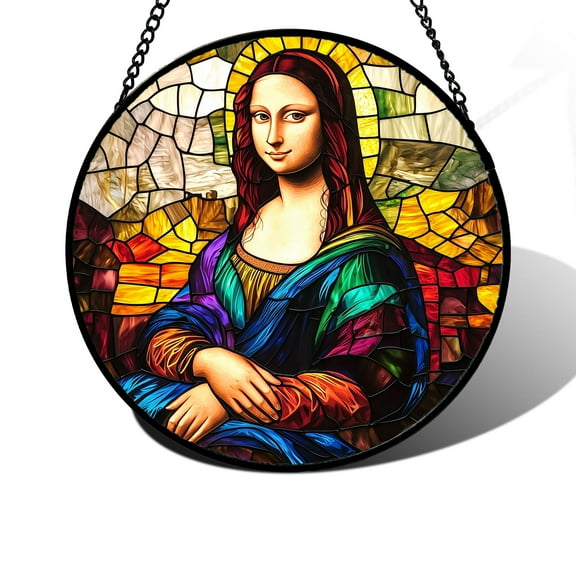 Stained Glass Window Hanging, Mona Lisa's Smile Sun Catchers Colorful Glass Panel Retro Suncatcher Decor for Birthday for Women, Men, Wife, Aunt, and Mom