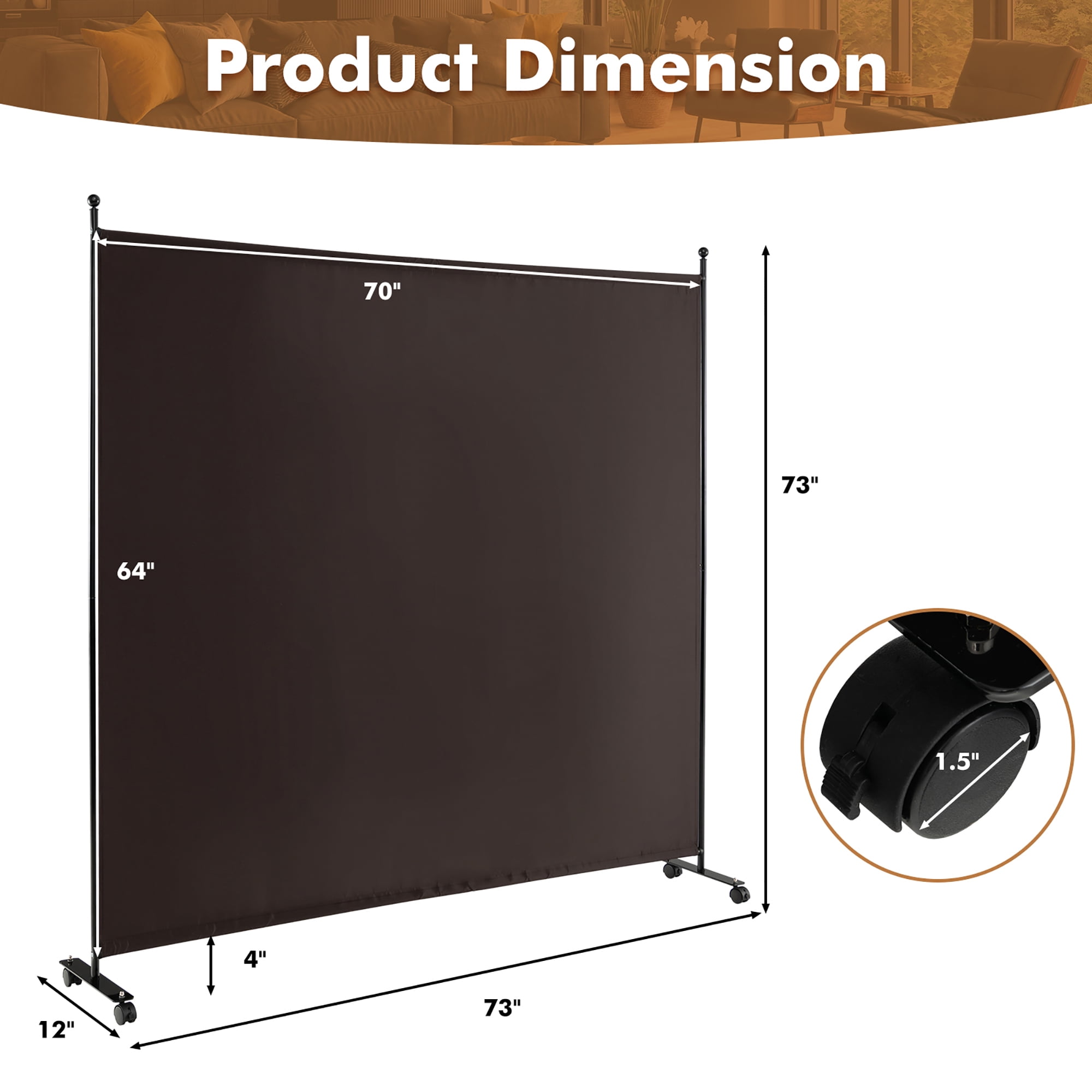 Costway 6FT Single Panel Room Divider with Wheels Rolling Fabric Partition Privacy Screen Brown