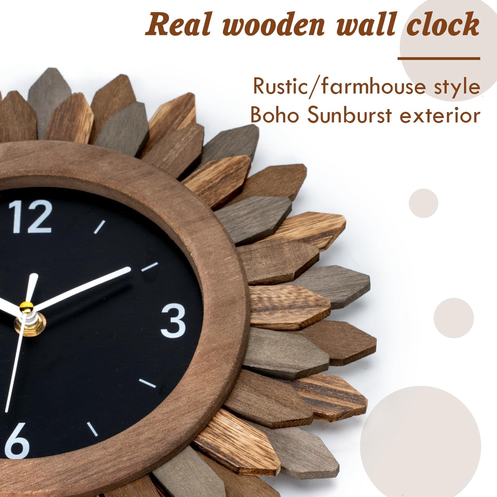 12 In Rustic Wood Boho Sunburst Decorative Wall Clock Silent Non Ticking Farmhouse Small Wall Clocks for Living Room Kitchen Bedroom Decor (Tricolor)