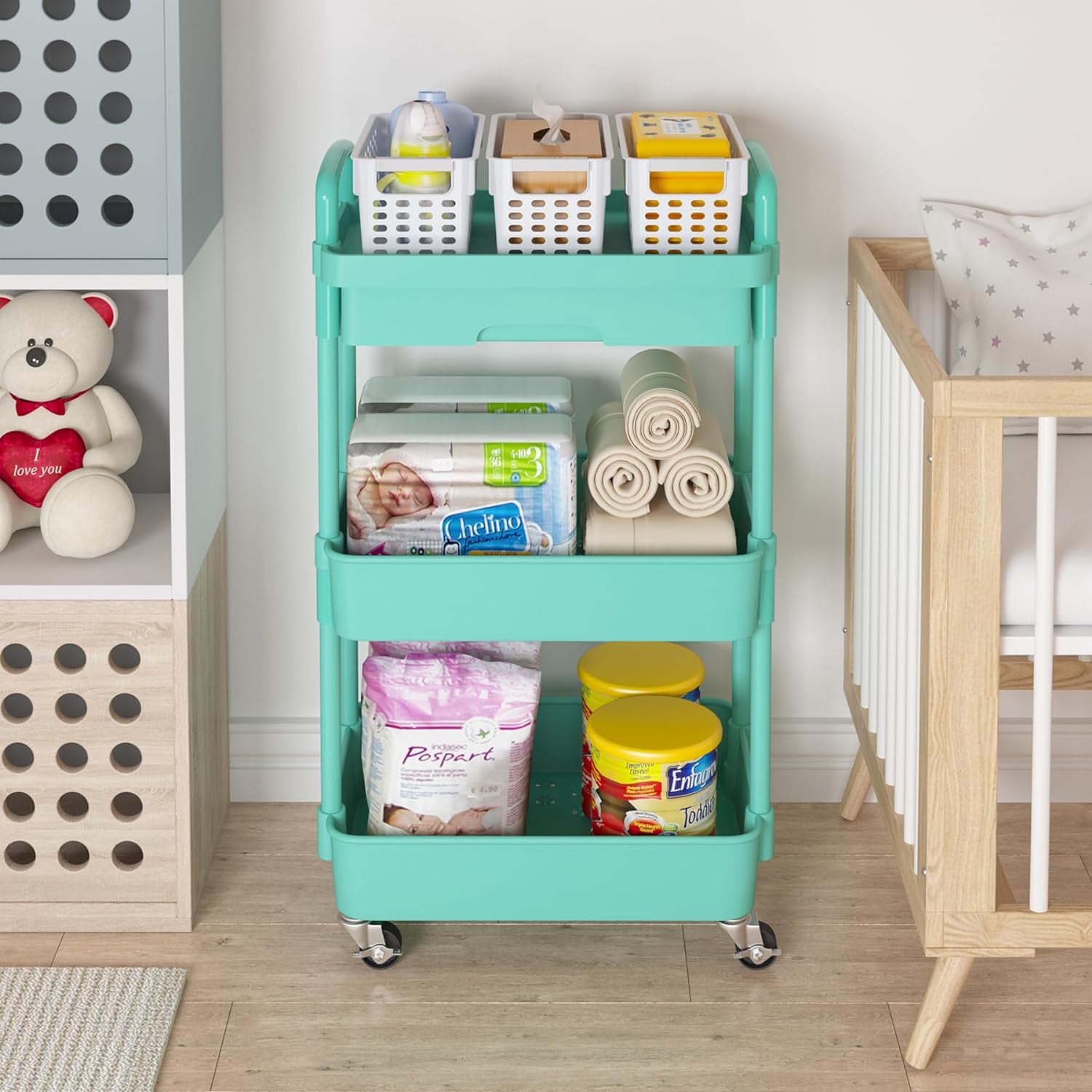 3-Tier Rolling Utility Cart with Drawer,Multifunctional Storage Organizer with Plastic Shelf & Metal Wheel,Storage Cart for Kitchen,Bathroom,Living Room,Office,Green