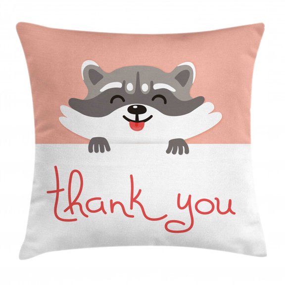 Thank You Throw Pillow Cushion Cover, Cute Cheerful Cartoon Raccoon Adorable Animal Typographic Theme, Decorative Square Accent Pillow Case, 20" X 20", Peach Dark Peach and Dimgray, by Ambesonne