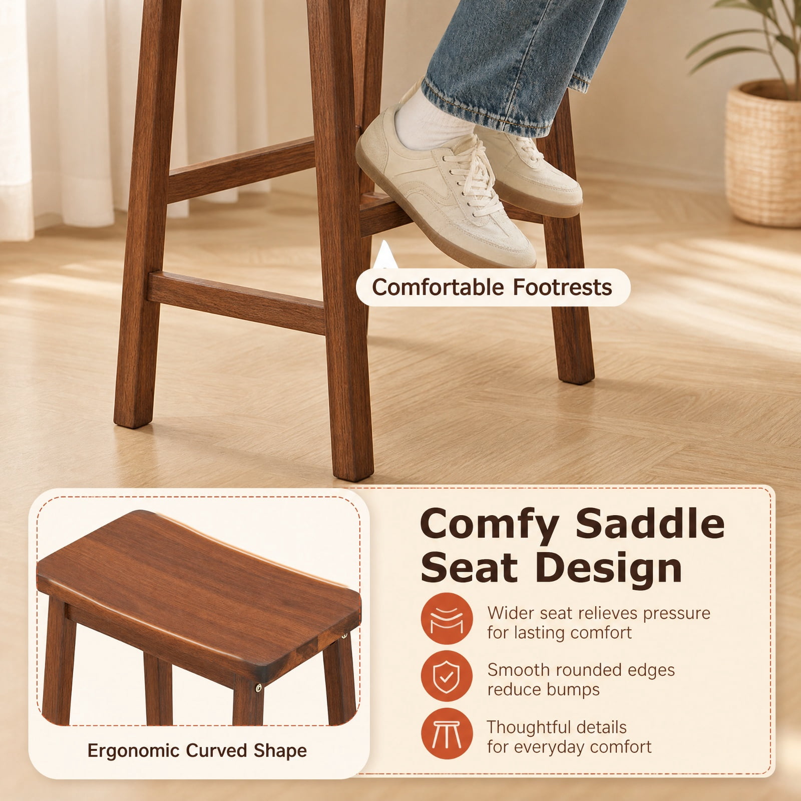 Furnibear 29" Set of 2 Saddle-Seat Counter Height Stools with Curved Seat and Footrests for Kitchen Island Counter Bar Pub Dining Home, Walnut