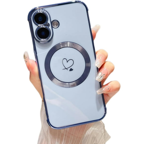 TEMOGU-Magnetic Case for iPhone 17 Case[Compatible with MagSafe] Cute Plating Love Hearts Pattern with Camera Protection,Soft Shockproof TPU Bumper Cover for Women Girls,Blue