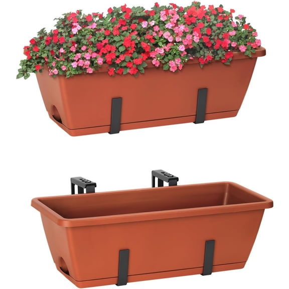 2 Pack Deck Hanging Planters for Railings, Railing Planter Box, 16.9 Inch Balcony Planters Railing Hanging with Metal Brackets, Red