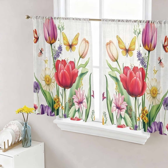 Spring Floral Semi Sheer Curtains 45 Inch Length 2 Panels Set, Colorful Tulip Butterfly Botanical Elegant Sheer Kitchen Curtain Privacy Voile Window Curtain for Living Room Bedroom Rod Pocket Drapes