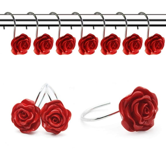 FINROS 12 PCS Home Fashion Decorative Anti Rust Shower Curtain Hooks Rose Design Shower Curtain Rings Hooks (RED)