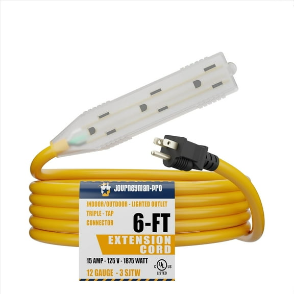 Lighted Outdoor Extension Cord - Heavy Duty Yellow Power Cable Splitter by Journeyman-Pro 5-15P to Three Electrical Outlets (Inline Triple-Tap) 5-15R 15 AMP 125 Volts Short 6' 10' FT (Yellow - 6 FT)