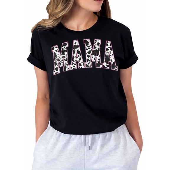 Mama Pink Cow Print Western Retro Varsity Cute Graphic T-Shirt for Women, Casual Short Sleeve Crew Neck Tee