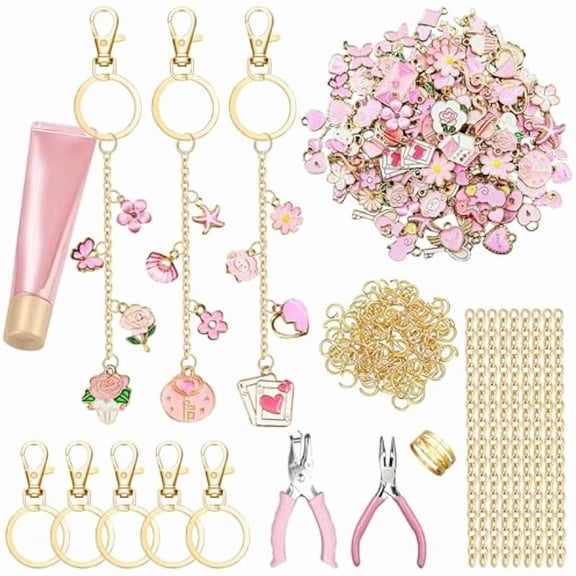 325 Pcs Pink Keychain Making Kit with Random Pendants, Pliers, Jump Rings, 8.2 ft Chains, Hole Punch, DIY Charms Lip Gloss Keychain Supplies for Jewelry Making, DIY Crafts