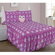 5 PIECE FULL OWL Double Ruffle Kids Comforter Bedding Set With Fitted Sheet And Furry Friend