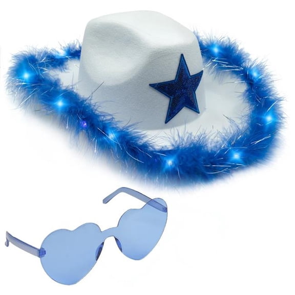 Funcredible  White_LUstar_Fur_Hat Funcredible White Light Up Cowgirl Hat  Fluffy Cowboy Hat with Blue Star Detail  White Cowgirl Accessory for Concerts