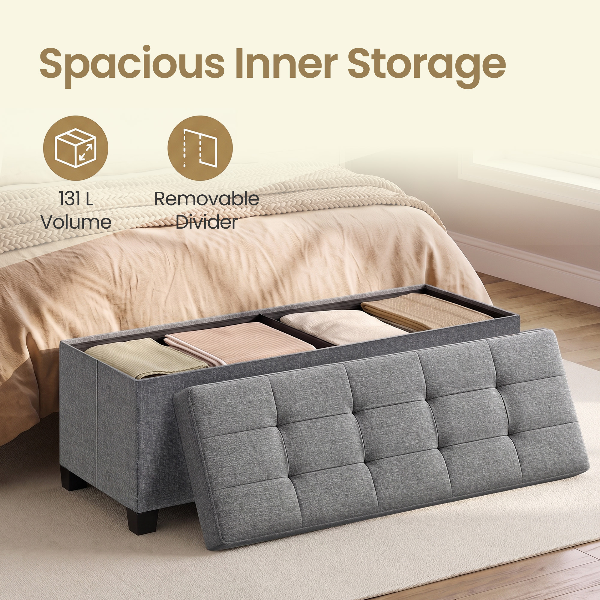 Ledrem Large Folding Storage Ottoman Bench with Footrest, Dove Gray