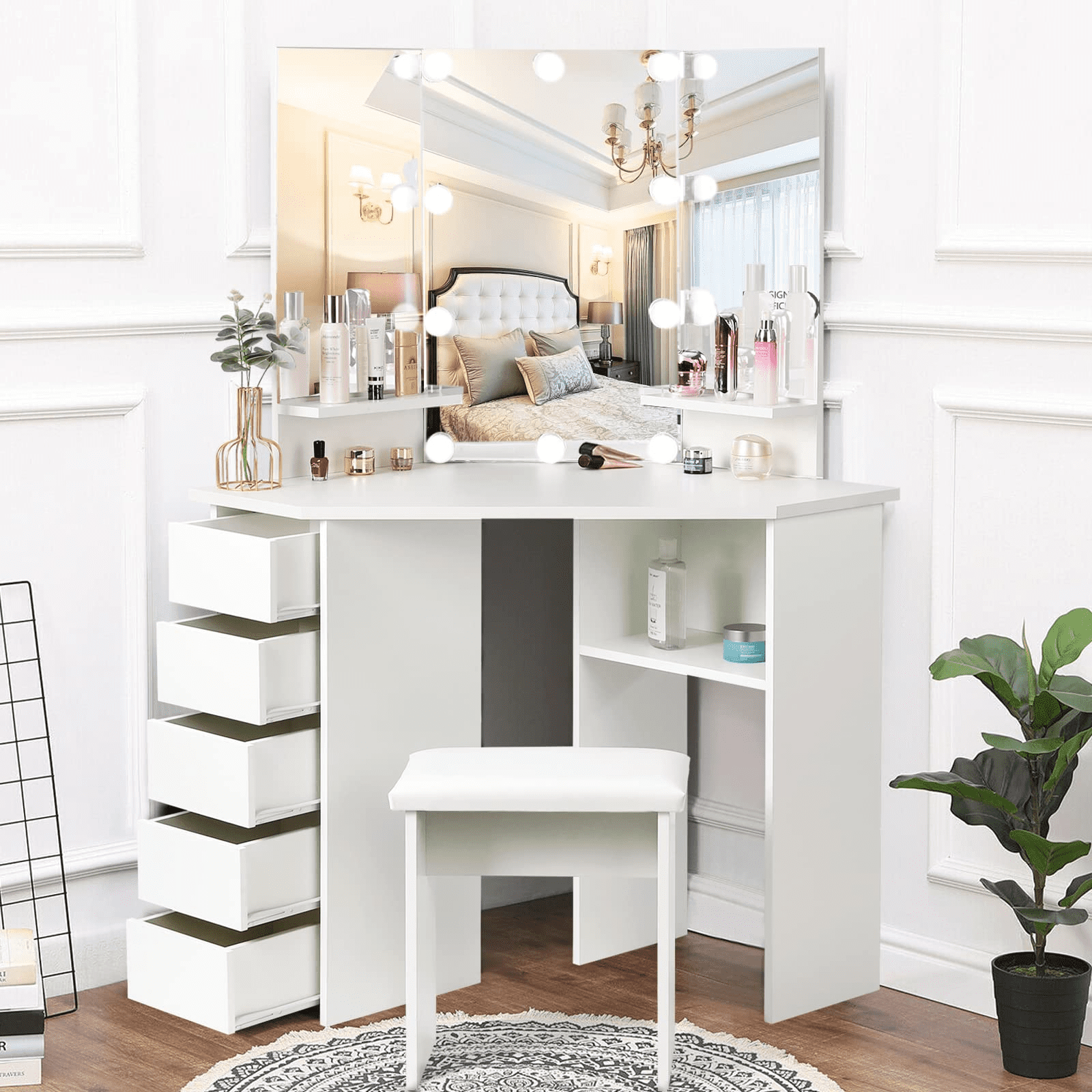 Vanity Desk with Mirror and Lights Adjustable Brightness with 5 Drawers ...