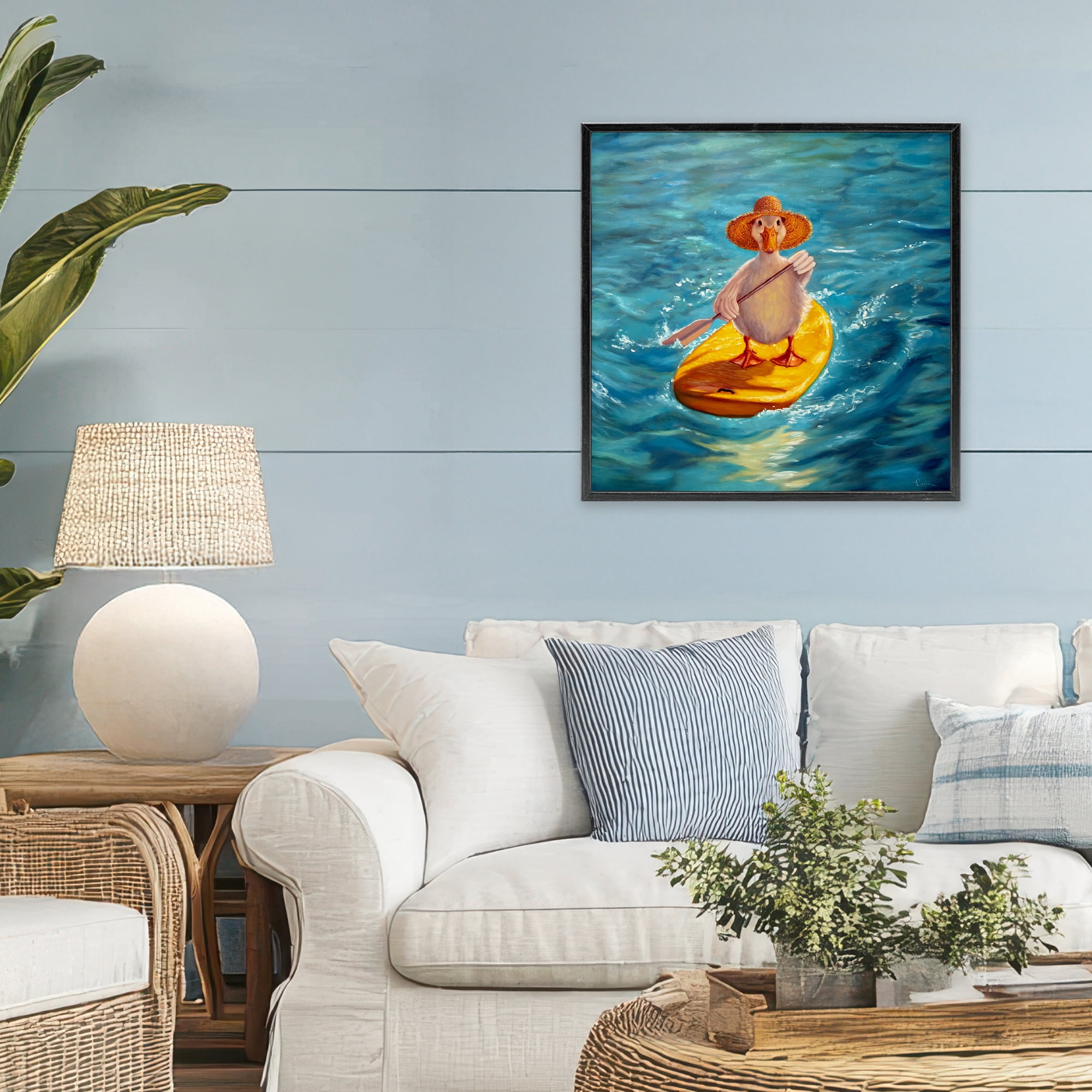 Stupell Industries The Paddler Duck with Straw Hat Black Framed Giclee Art, design by Lucia Heffernan