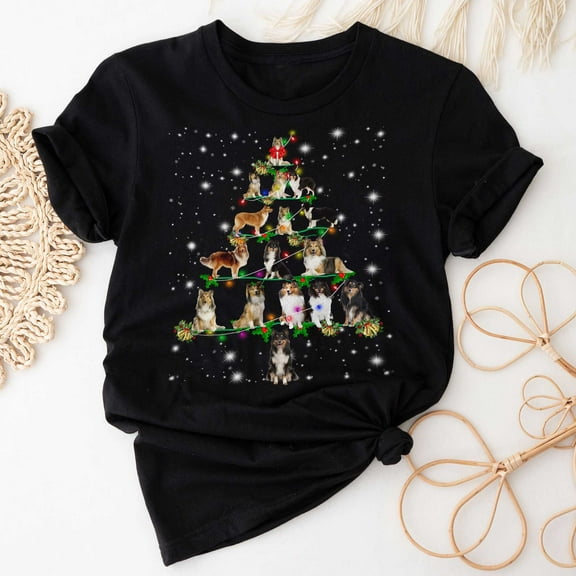 Shetland Sheepdog Christmas Tree T-Shirt, Funny Dog Lover Gift, Shetland Sheepdog Christmas Lights Shirts, Christmas Shirts for Women Men