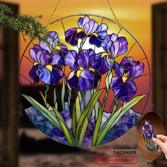 2D Flat, 1pc Bohemian Iris Flower Sun Catcher - Vibrant Purple  Yellow Stained Acrylic Window Hanging, Spring Decor, Housewarming Gift, Porch & Wall Accent, Home Decoration,  8*8inch