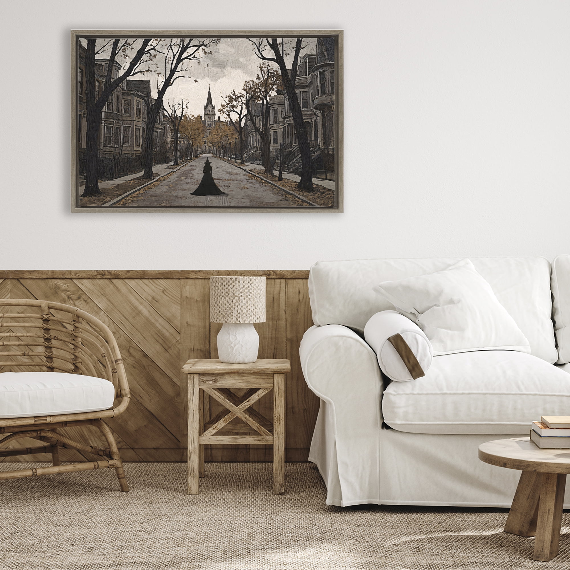 Stupell Industries Witch Strolling Town Streets Brown Framed Floater Canvas Wall Art, design by Jacky Ngan