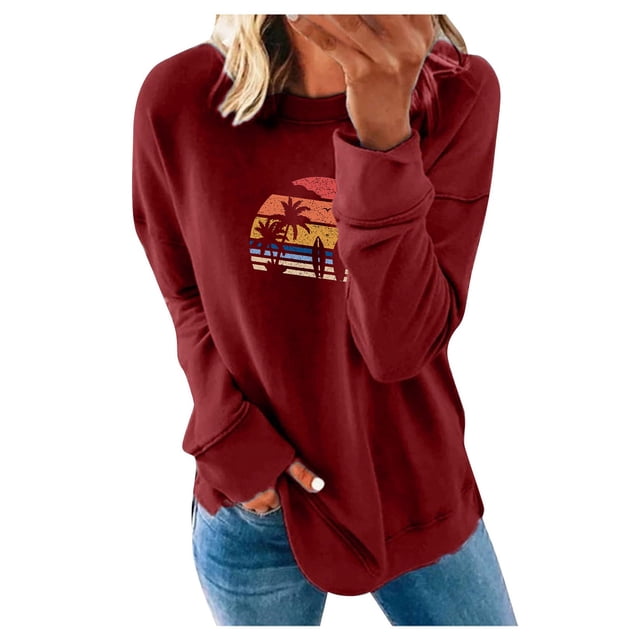 50% de Réduction Sweat Oversize pour Femme Mode 2023 Femmes Casual Imprimé Col Rond Chemisier à Manches Longues Pull-Over Tops