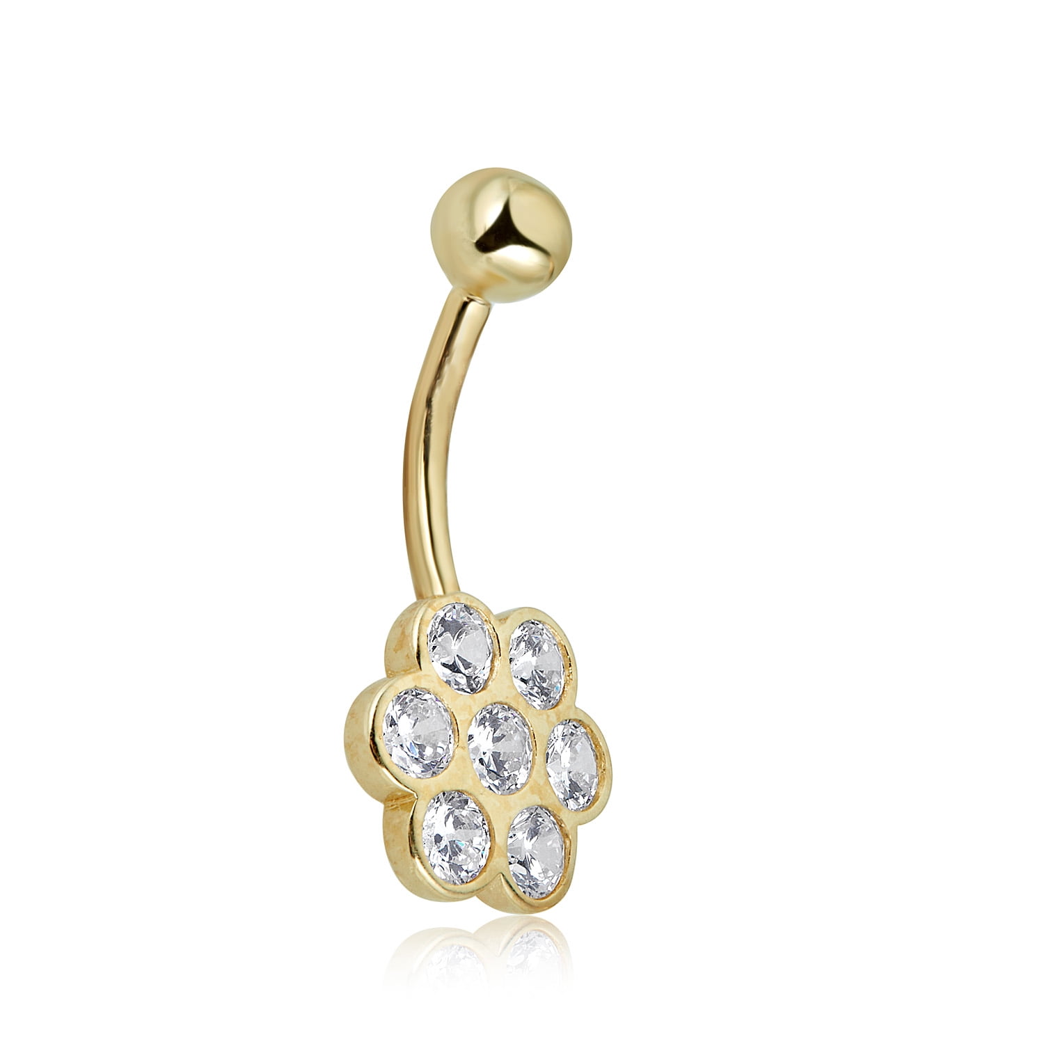 AVORA 10K Yellow Gold Bezel-set Simulated Diamond CZ Flower Belly Button Ring Body Jewelry (14 Gauge)