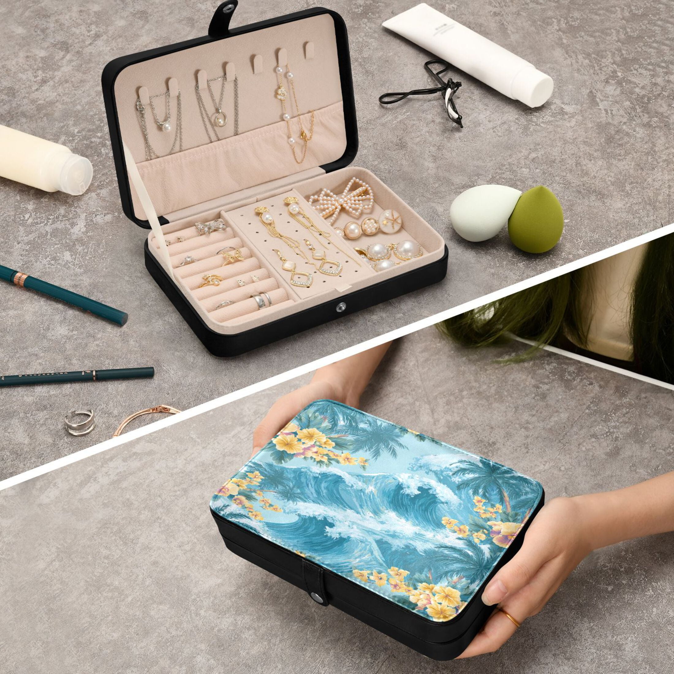 Leather Jewelry Box Travel Jewelry Storage Earrings Necklace Bracelet Watch Brooch Storage Artistic Waves