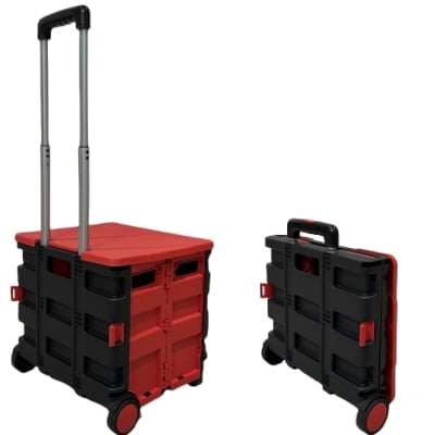 dbest products Quik Cart Collapsible Rolling Crate on Wheels for Teachers Tote Basket, Lid Made from Heavy Duty Plastic and used as a Seat