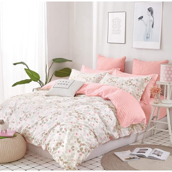 Pink Floral 3-Piece 100% Cotton Bedding Set: Duvet Cover and Two Pillow Shams (King)