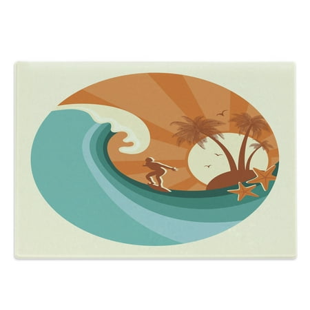 

Ride the Wave Cutting Board Retro Man Surfing at Beach Island Coconut Palm Trees Illustration Decorative Tempered Glass Cutting and Serving Board Large Size Orange Cream and Teal by Ambesonne