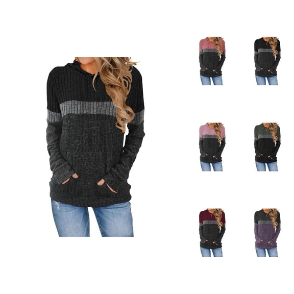 Color Block Ribbed Hoodies for Women Fall Winter Long Sleeve Hooded Sweatshirt with Pockets Pullover Tops